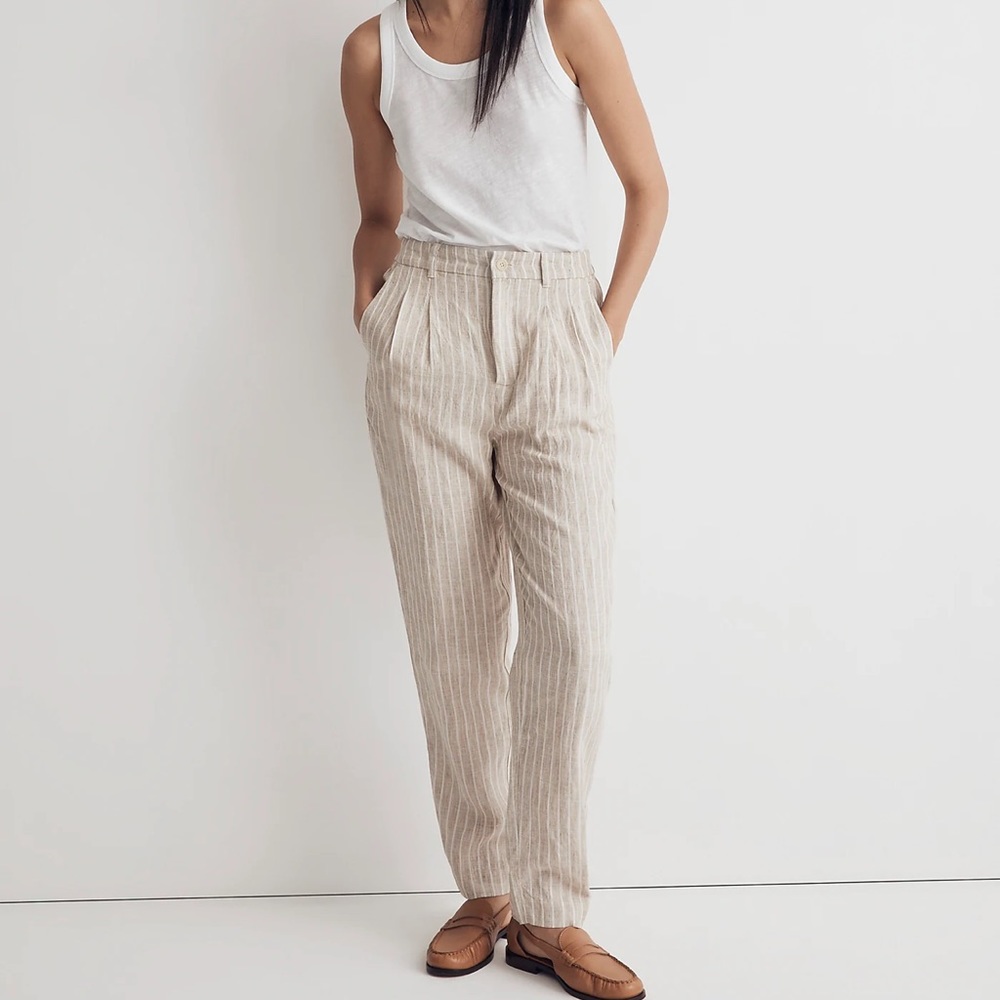 The Petite Untailored Tapered Pant in Striped 100% Linen